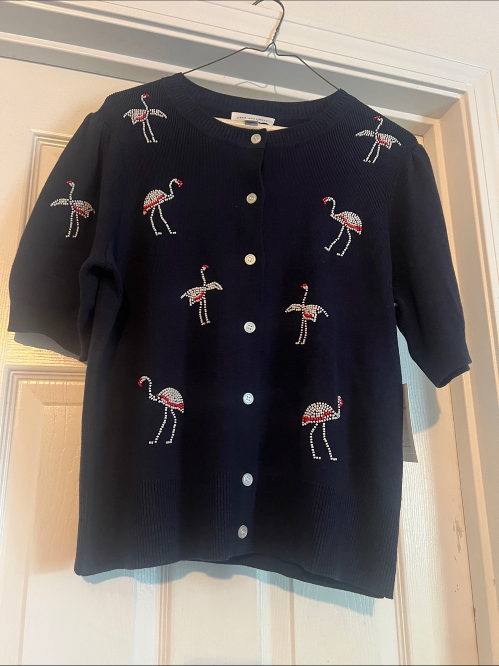 NWT Navy Short-Sleeve Button-Front Cardigan with Rhinestone Flamingos